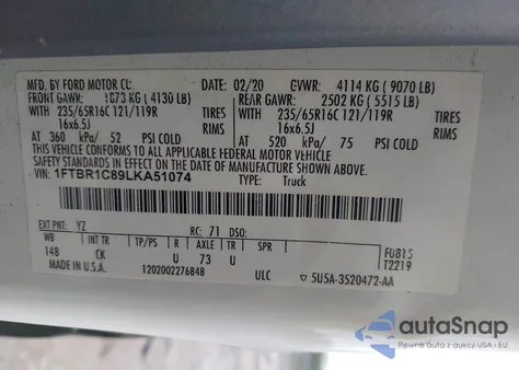 2020 Ford Transit-250 T-250 from USA, damaged, VIN 1FTBR1C89LKA51074